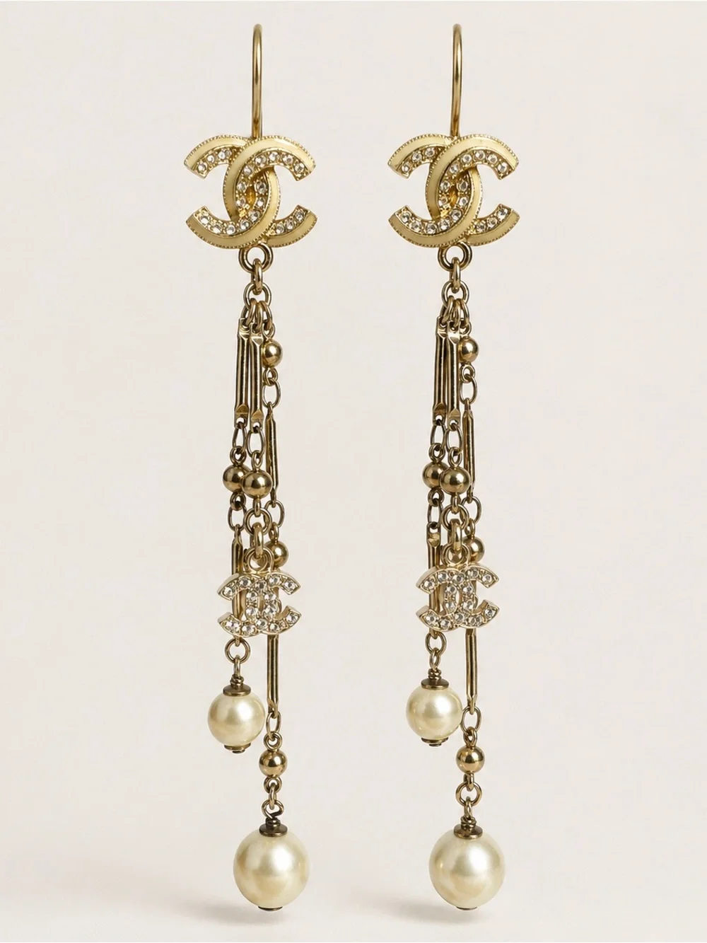 CHANEL 11C Enamel Crystal CC Pearl Chandelier Drop Earrings Rare